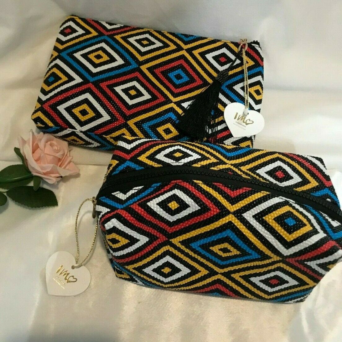 Set Of 2 IMO Imoshion Cosmetic Makeup Bag Multi-Color Black Zipper With Gold