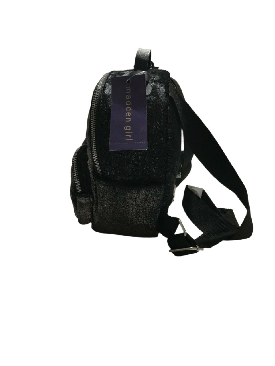 Black faux fur mini backpack with silver tint and front zip pocket with metallic studs