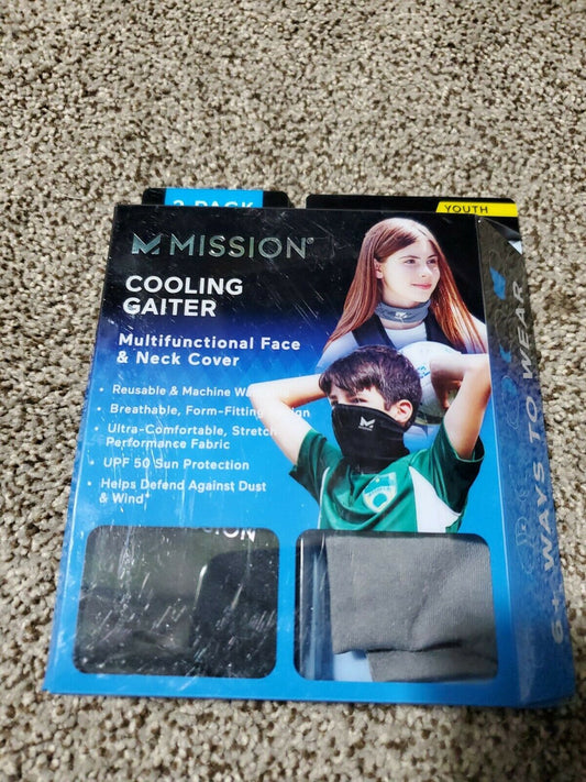 Mission Cooling Gaiter Multifunctional Face/Neck Cover YOUTH 2 Pack gray black