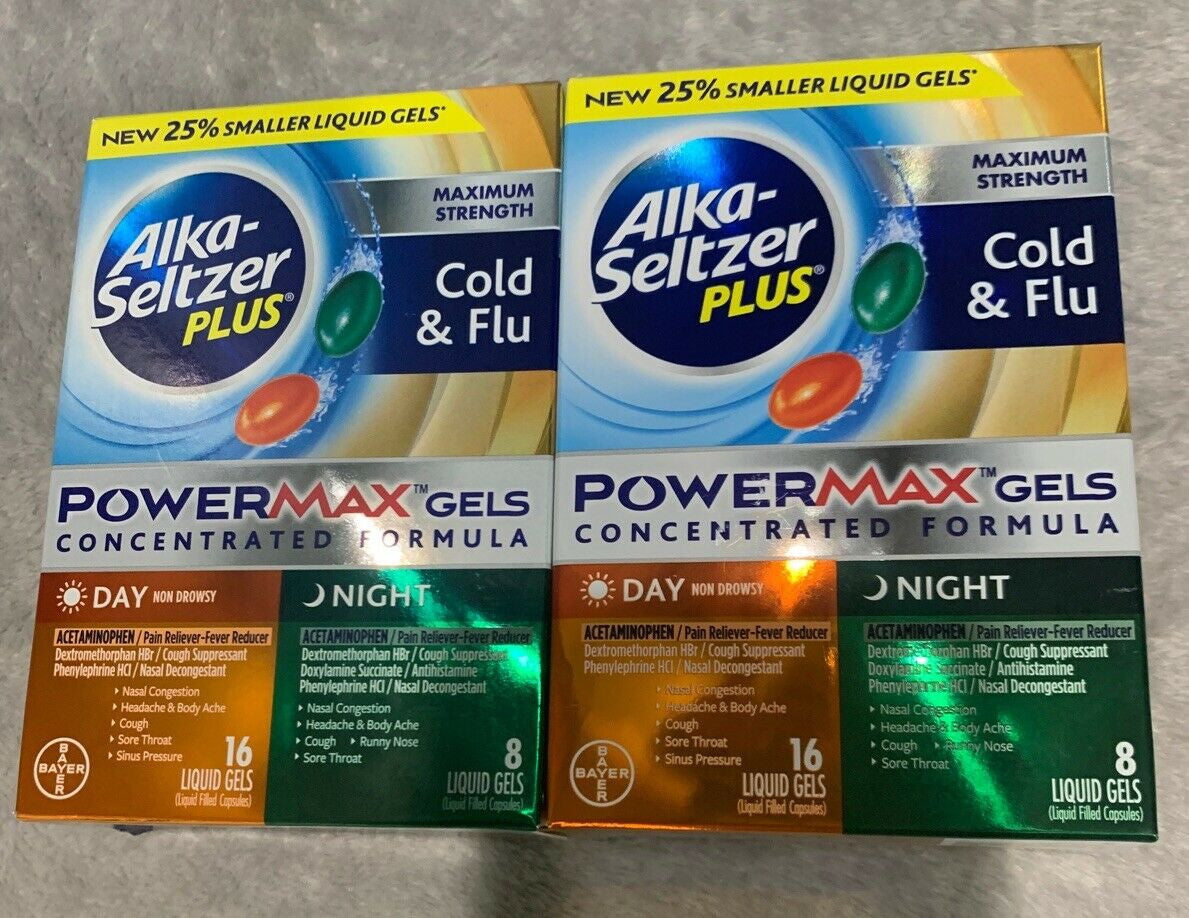 2 Pkg Alka-Seltzer Plus Cold & Flu Powermax Liquid Gels 16 Day & 8 Night Exp6/20