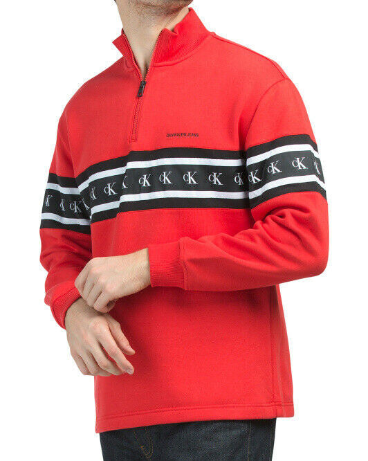 Calvin Klein men’s racing red sweatshirt with black and white monogram tape, quarter zip, and stand collar