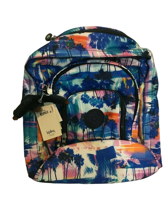 A multicolored Kipling laptop backpack featuring a geometric prism palm trees pattern.