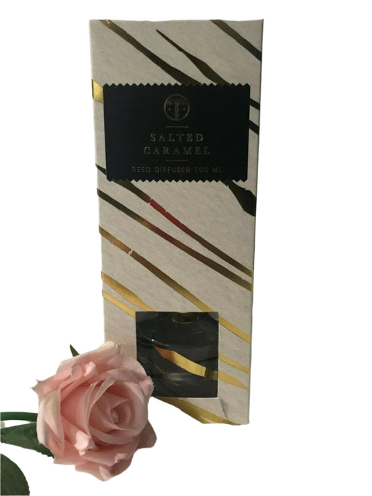 100ml Salted Caramel reed diffuser with reeds by Sydney Candle Co., perfect for home fragrance and gifting.