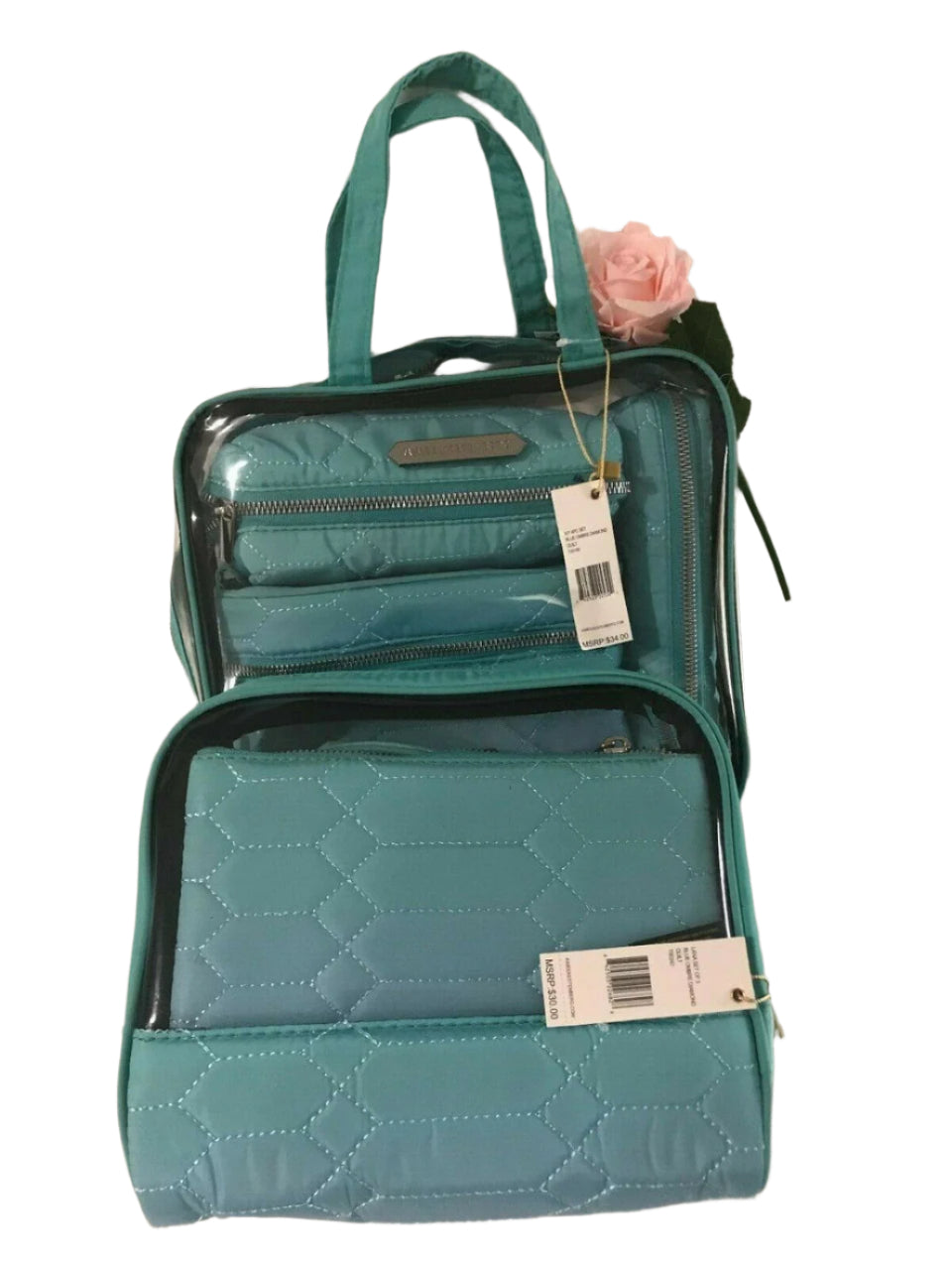 Set of 7 blue ombre diamond quilt cosmetic and travel bags with silver zippers and compartments – Aimee Kestenberg