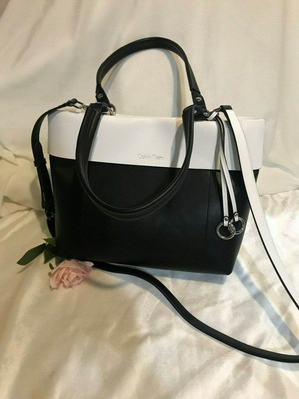 Calvin Klein Patty Faux Leather East / West Tote Fashion Bag Black White Travel