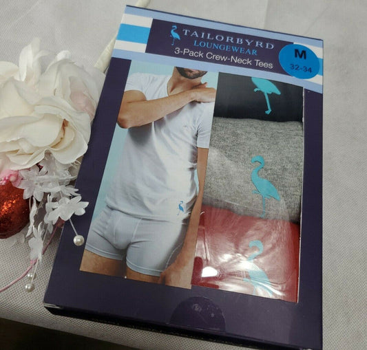 3-pack cotton crew neck t-shirts in red, gray, and black with packaging