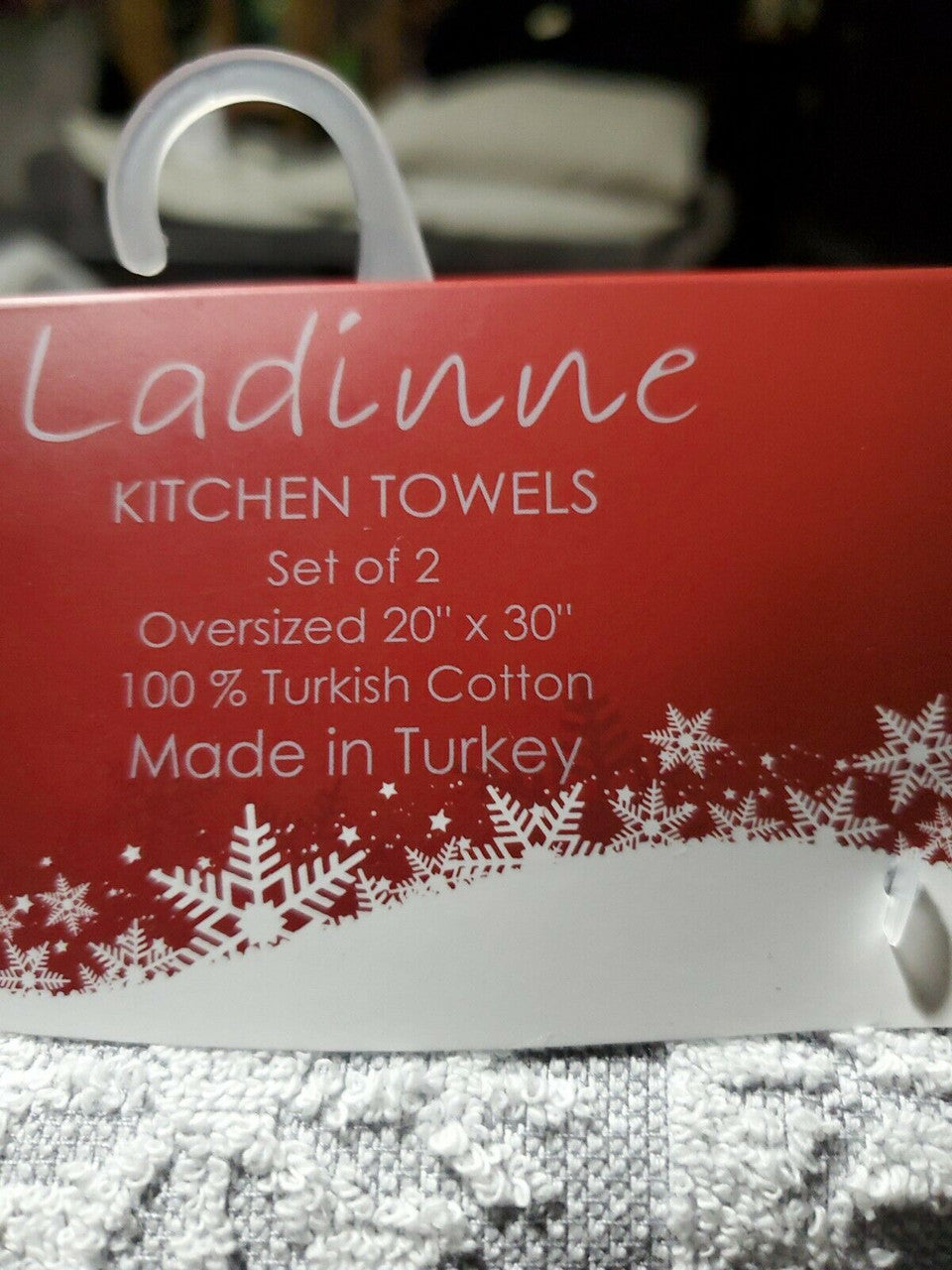 Ladinne Set of 2 Kitchen Terry Towels Gray White Snowflakes Fringe 20" x 30"