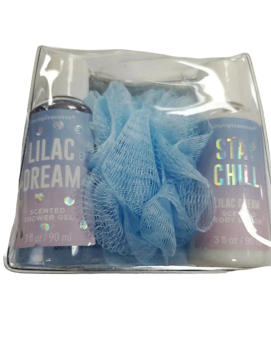 Simple Pleasures 3 pack travel bath set with shower gel lotion and blue loofah