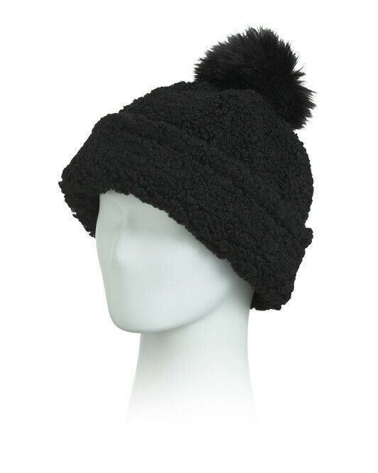 SURELL Faux Sherpa Cuff Hat With Matching Pom Black
