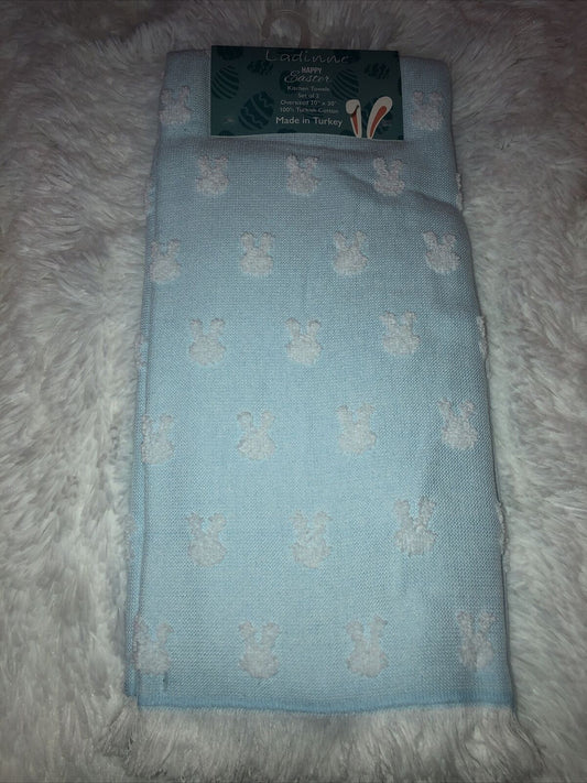 Ladinne Easter Set of 2 Kitchen Towels White Bunnies on Blue Background
