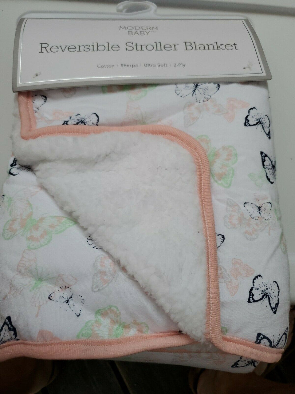 Modern Baby Stroller Blanket  Baby Girl Plush Warm Butterflies Sherpa Reversible