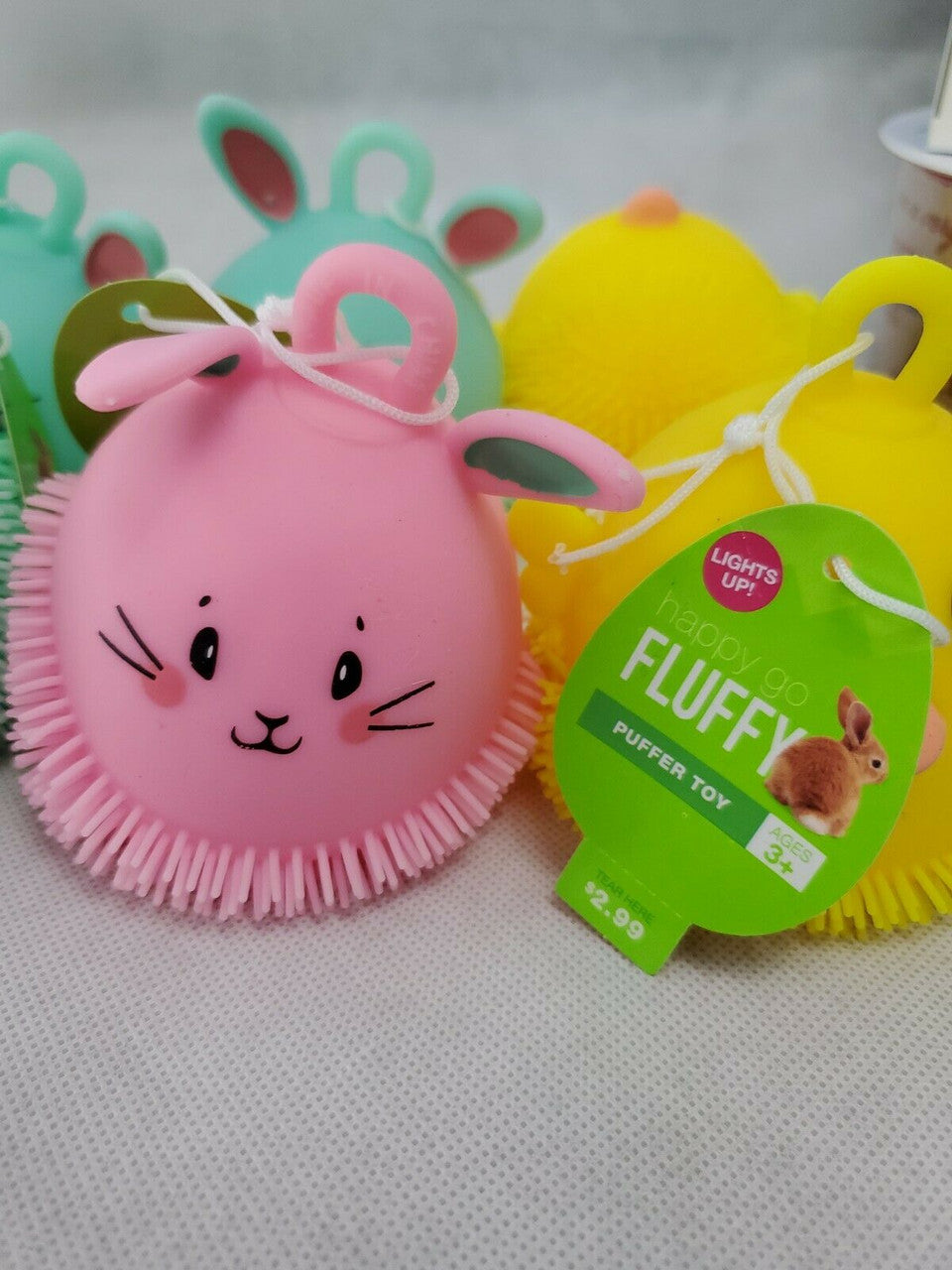 HAPPY GO FLUFFY Puffer Balls with Loop Glowing Bunny Chick Elasticity Ball LOT 6
