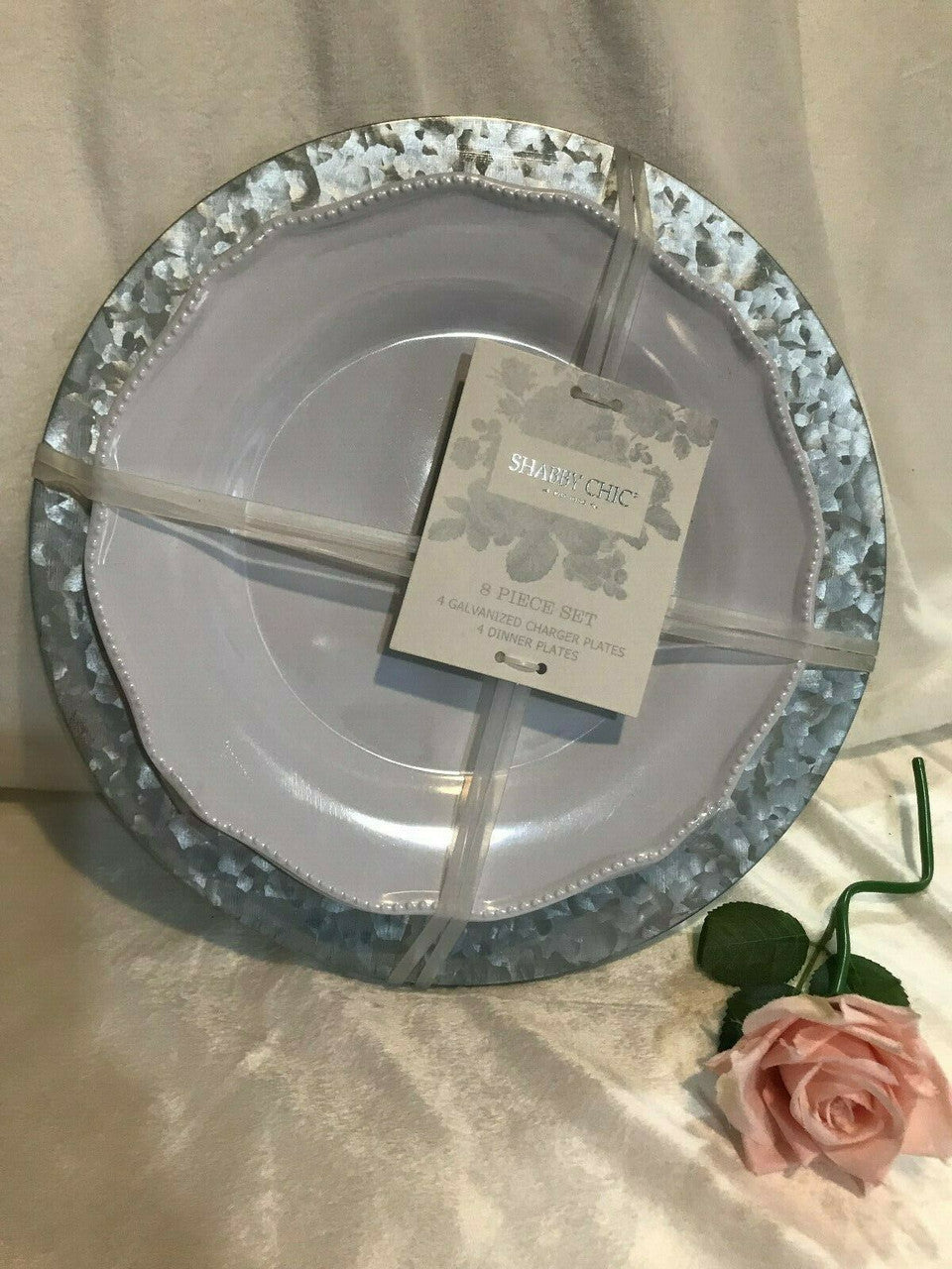 Shabby Chic Charger Galvanized plates 4 metal + 4 beaded dinner set
