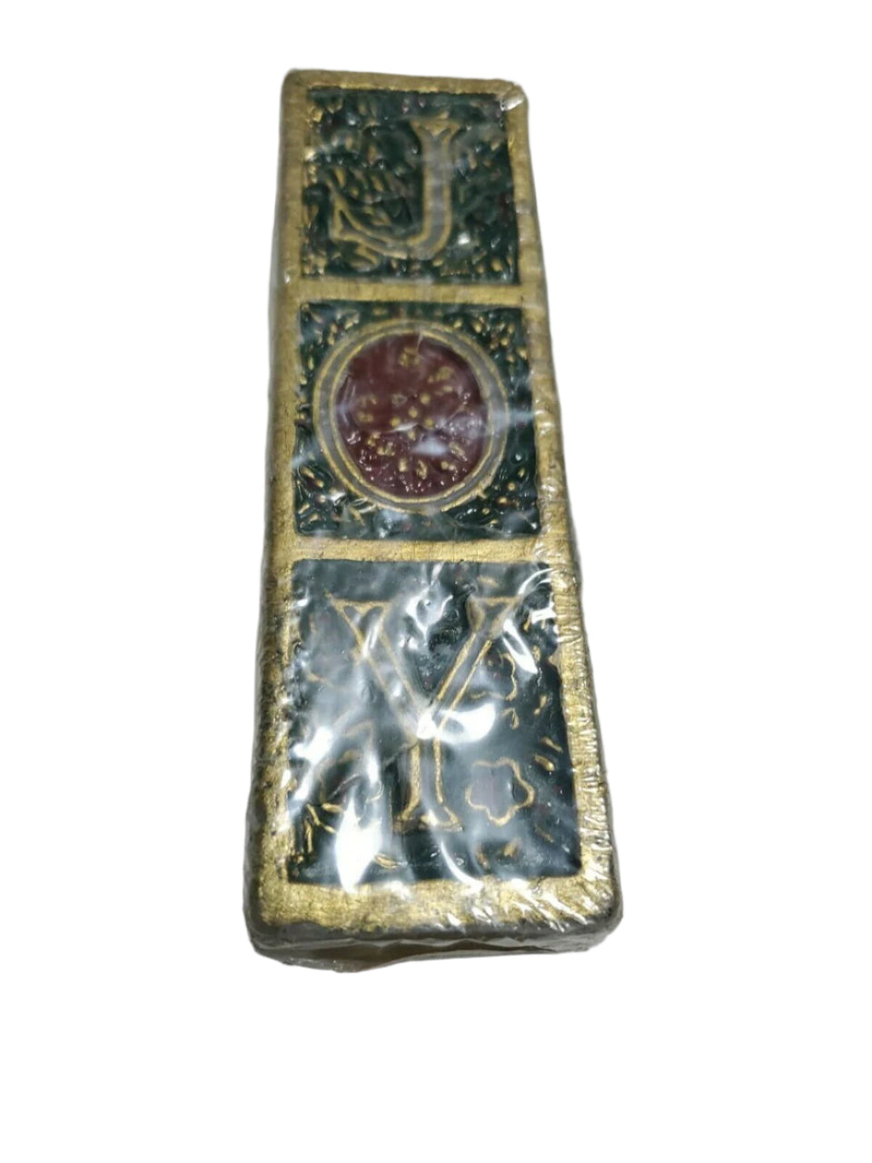 Vintage 7-inch Colonial Candle of Cape Cod with JOY lettering in gold and red wreath design, sealed in original wrap.
