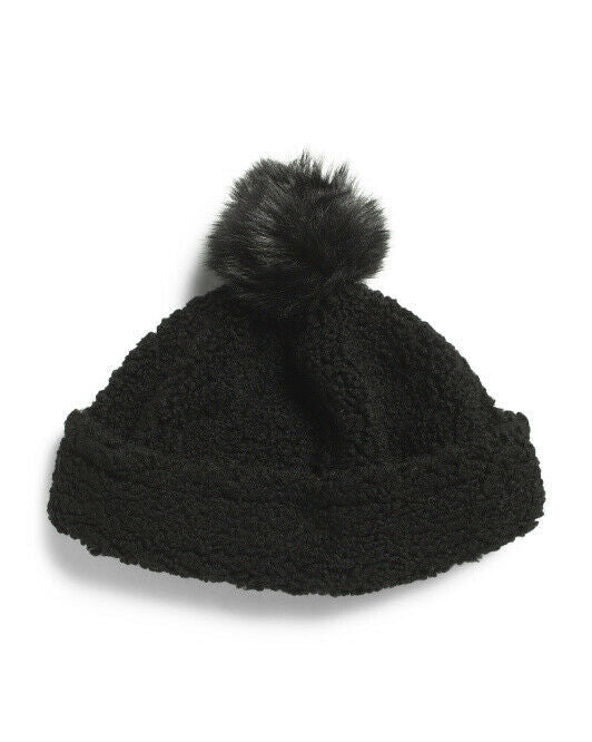 SURELL Faux Sherpa Cuff Hat With Matching Pom Black