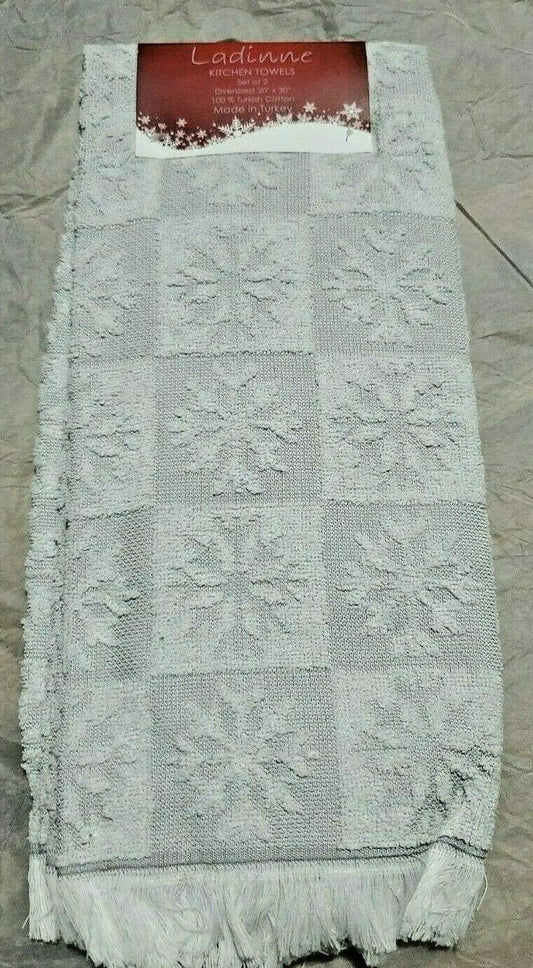 Ladinne Set of 2 Kitchen Terry Towels Gray White Snowflakes Fringe 20" x 30"