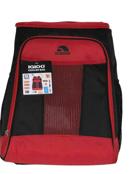 Red Igloo cooler backpack with front mesh pocket and padded straps, holds 24 cans