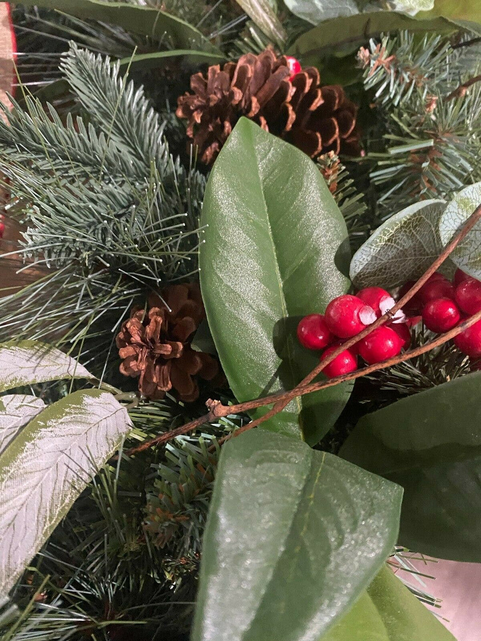 33-inch mixed floral holiday wreath with plaid ribbon and faux berries, new in box.