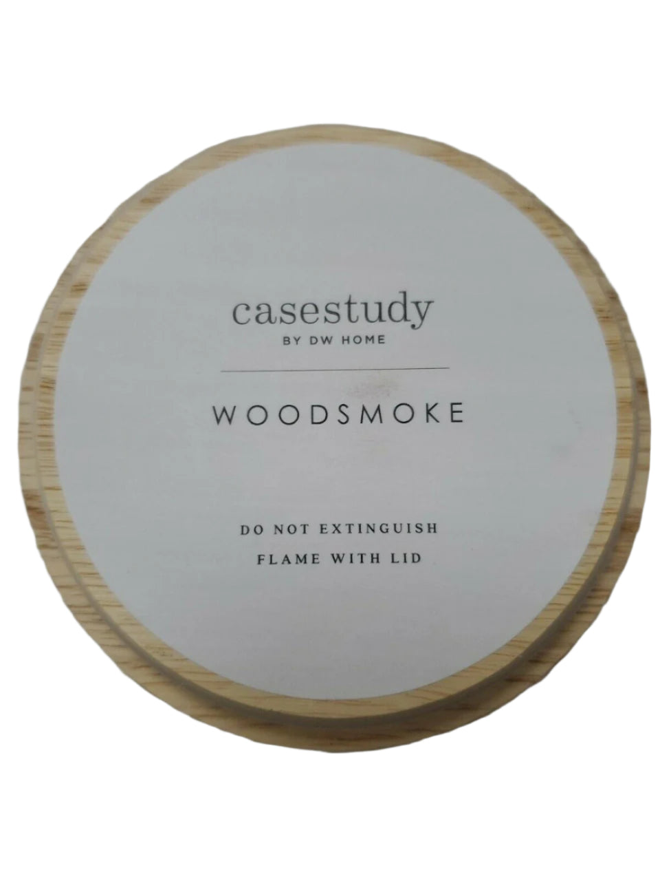 DW Home 18.5 oz Woodsmoke candle in matte black jar with white abstract print and wooden lid