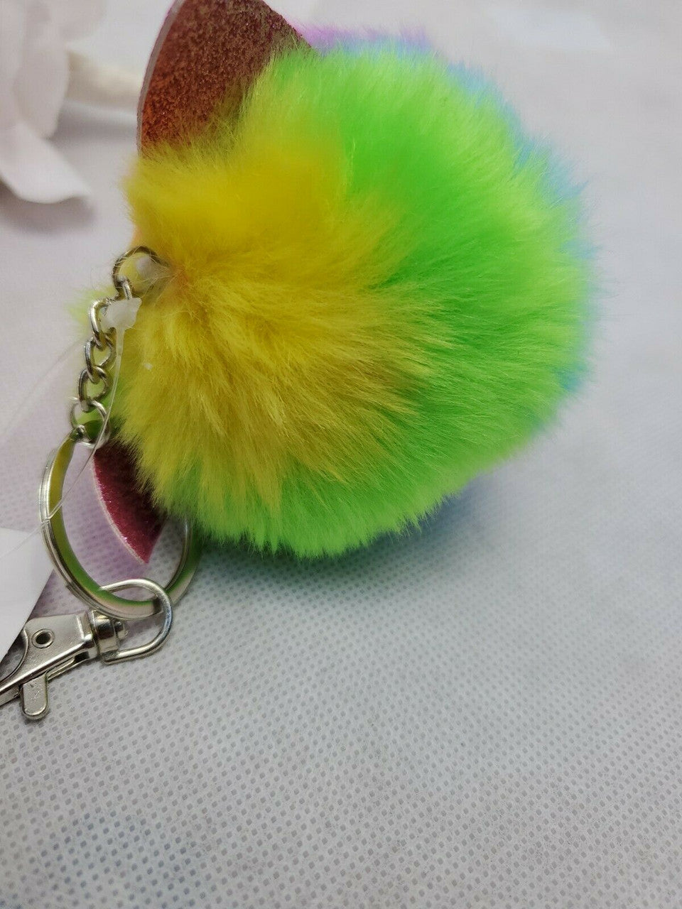 Rainbow Fluffy Kitten Fur Pom Pom Keychain Faux Furlike Ball Car Keyring