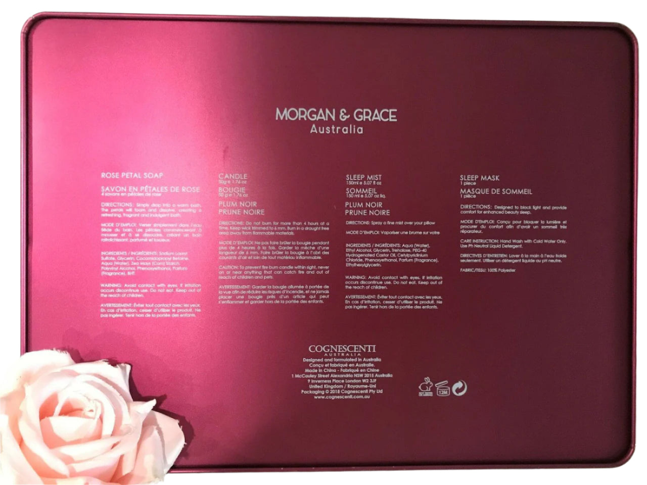 Morgan & Grace Australia sleep gift set featuring rose petal soap, Plum Noir candle, sleep mist, and burgundy eye mask in a luxury boxed presentation.