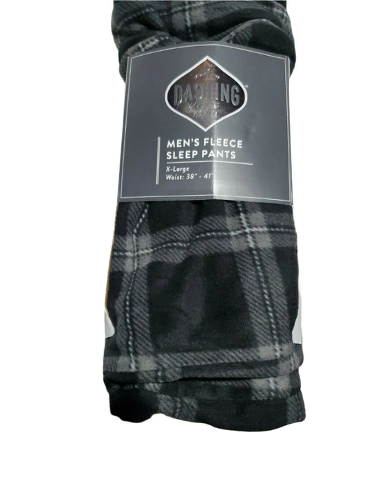 Black and grey plaid fleece sleep pants for men, size XL, by Dashing