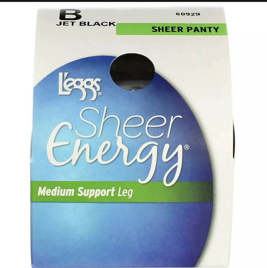L'eggs Sheer Energy Pantyhose Jet Black Size B Sheer Toe Medium Support Leg 60929