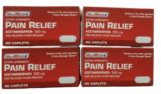 Four packs of ValuMeds Pain Relief ACETAMINOPHEN 500 mg with 40 caplets each
