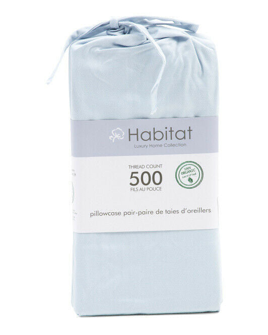 Packaged set of 2 light blue 500 thread count organic cotton pillowcases in standard/queen size