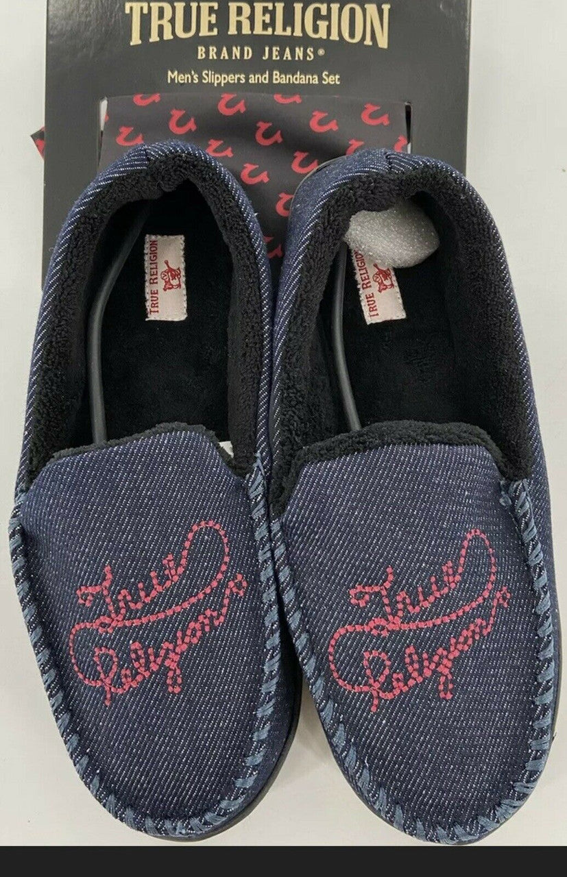 True Religion Mens Size 9-10 Medium Blue Denim Slip On Slippers and Bandana