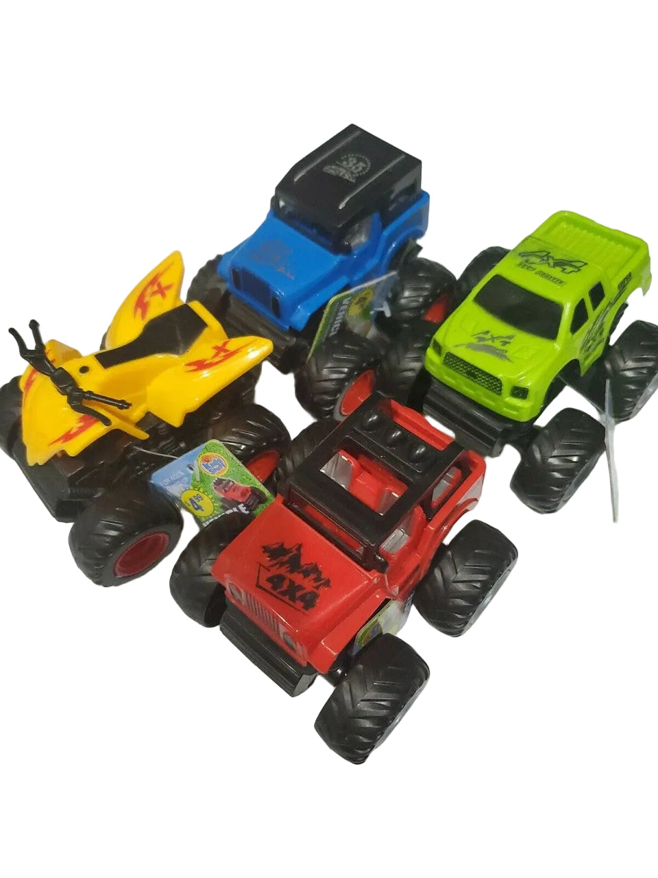 Friction powered 4WD jeep and monster truck toy set in packaging
