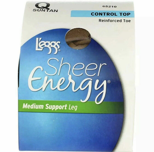 L'eggs Sheer Energy Control Top Pantyhose Suntan 65608 Size Q Reinforced Toe