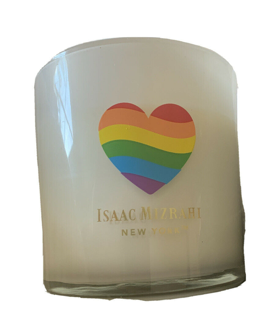 Isaac Mizrahi New York Paradise 12oz scented candle in soy blend, with colorful box and heart logo on the jar.