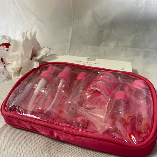 Isaac Mizrahi PINK 11Pcs Set Travel Bottle Kit Clear Plastic Containers Case TSA