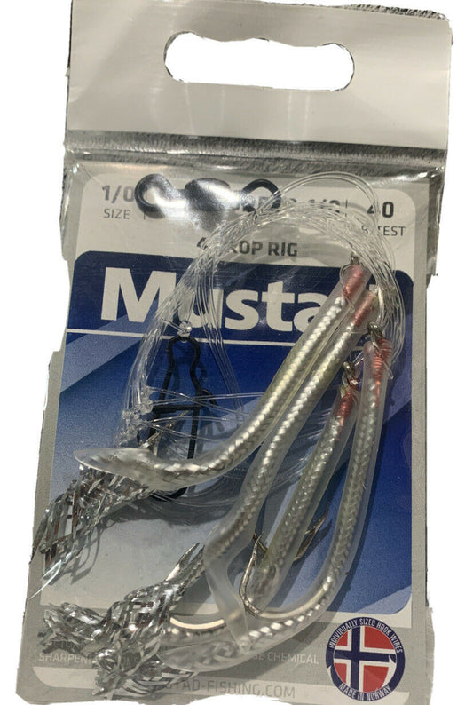 Packaged Mustad 4 sleeved drop rigs with sharp hooks displayed against a blue and white background with the brand name and logo visible.
