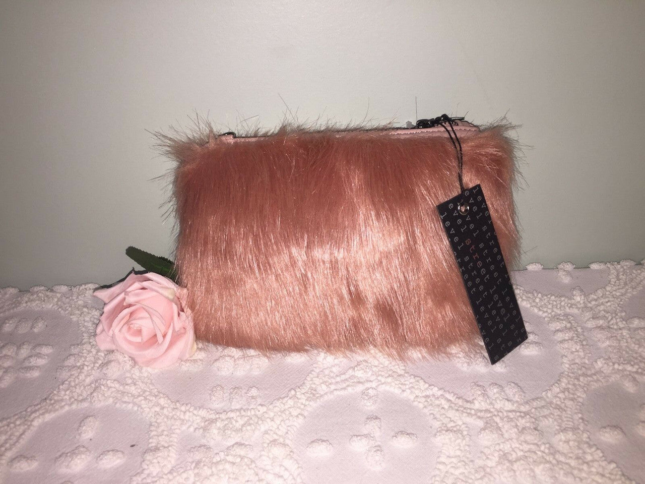 Street Level Faux Fur Handbag Makeup Dark-Rose-Rusty-Pink color 100% Acrylic