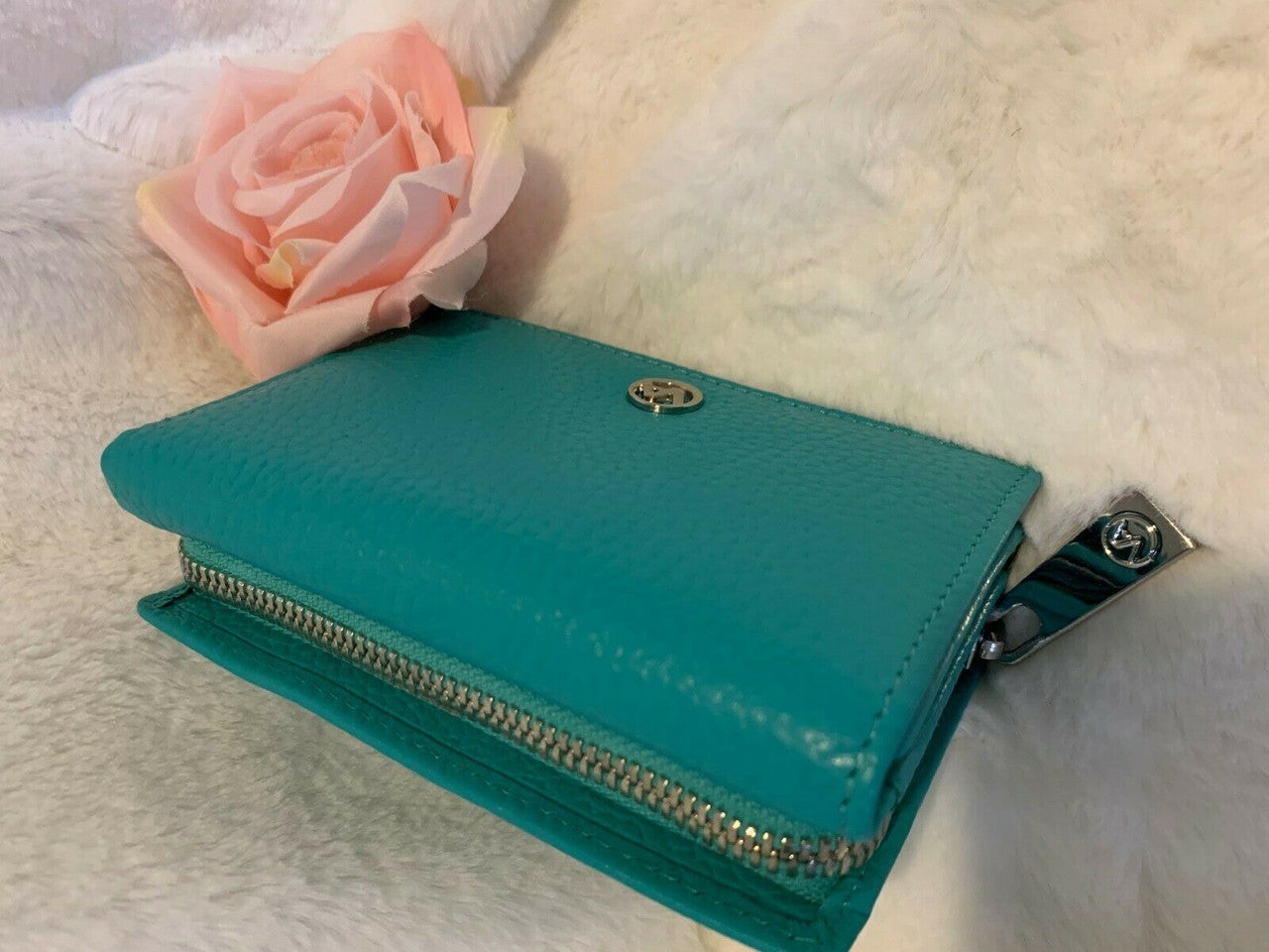 VALENTINA Italy Genuine Leather Pebbled Wallet Aqua approx 5" x 3.5"