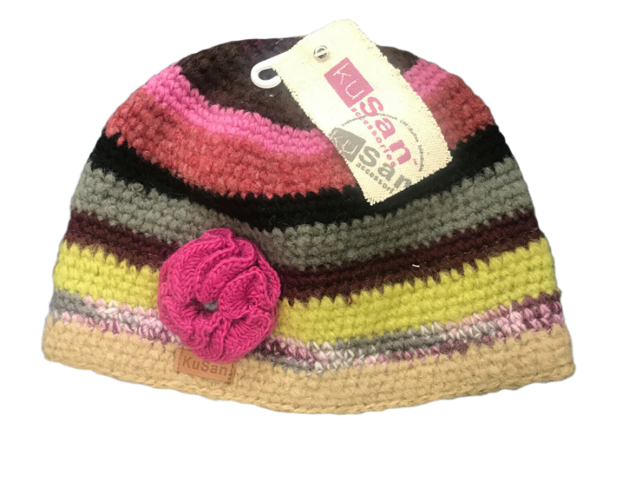 Striped crochet wool beanie in multicolor tones with pink flower applique and fleece lining for winter warmth