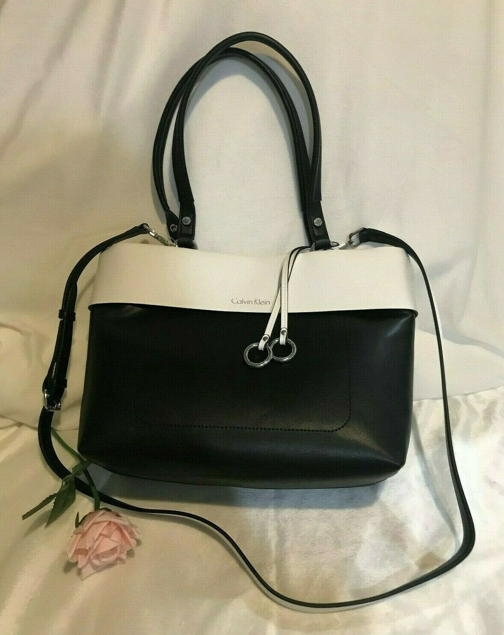 Calvin Klein Patty Faux Leather East / West Tote Fashion Bag Black White Travel