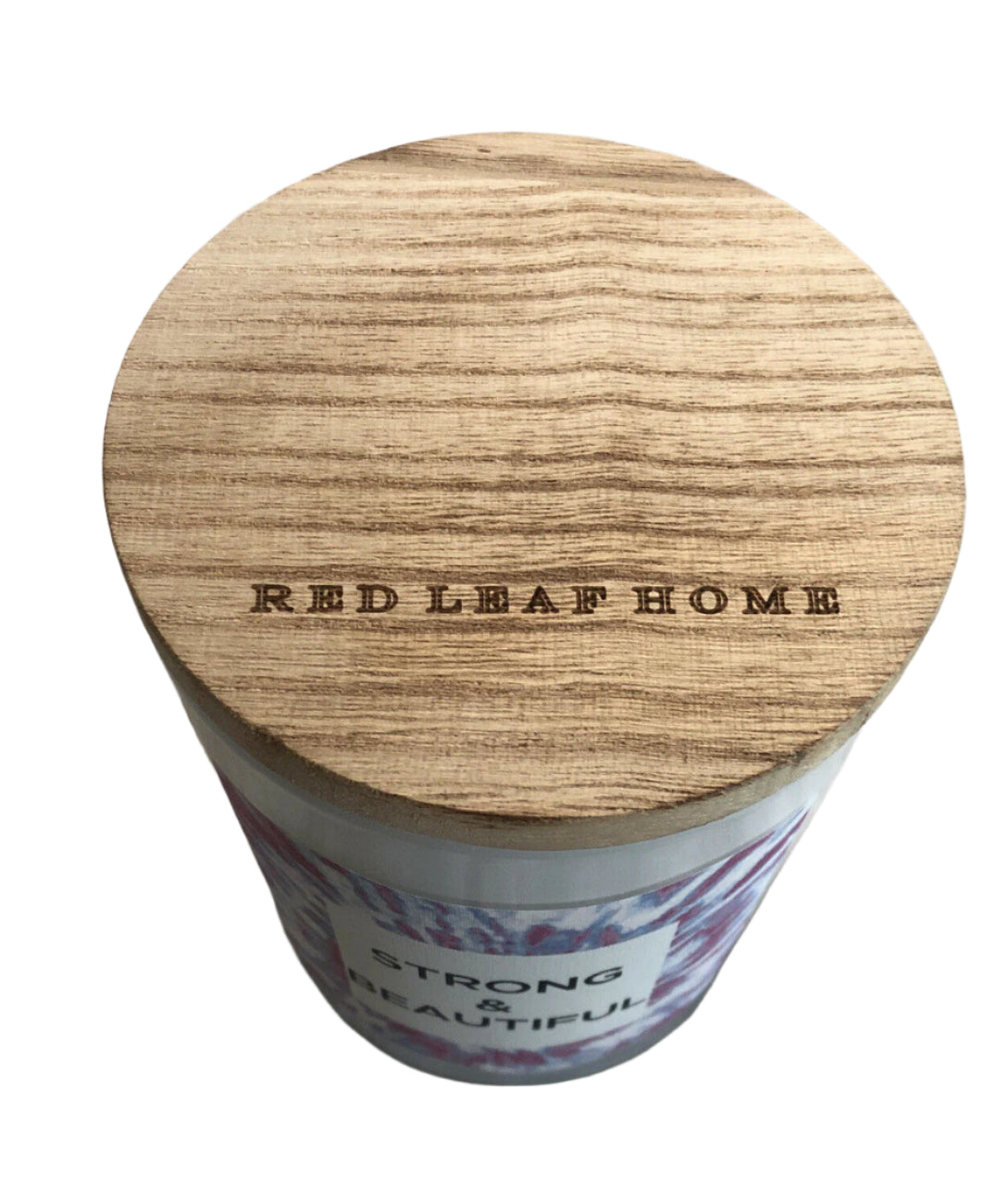Red Leaf Home "Strong & Beautiful" 2-wick grapefruit-scented candle in tie-dye glass jar with wood lid, 15.5 oz.