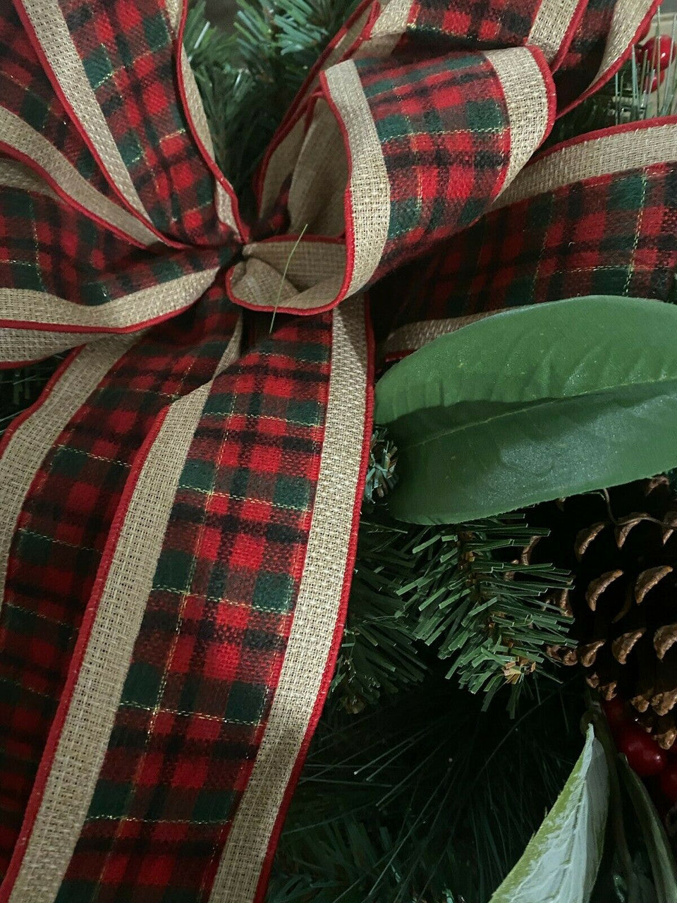 33-inch mixed floral holiday wreath with plaid ribbon and faux berries, new in box.