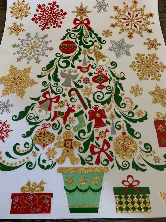 Red Green Gold Window Clings Tree Bear Snowflakes Decor Xmas Stickers Decals