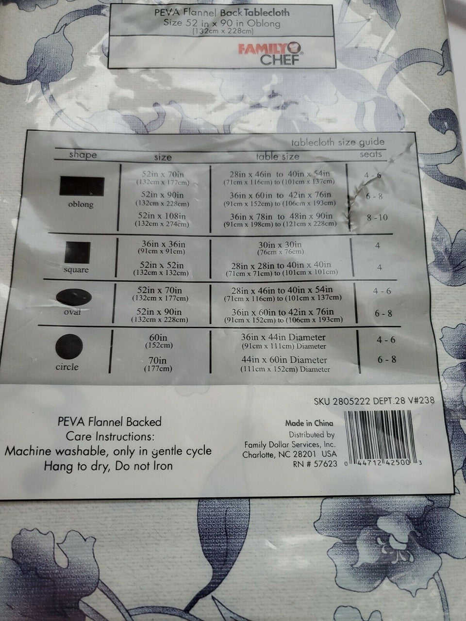 Family Chef Tablecloth PEVA Flannel Back 52" x  90” Blue Flowers