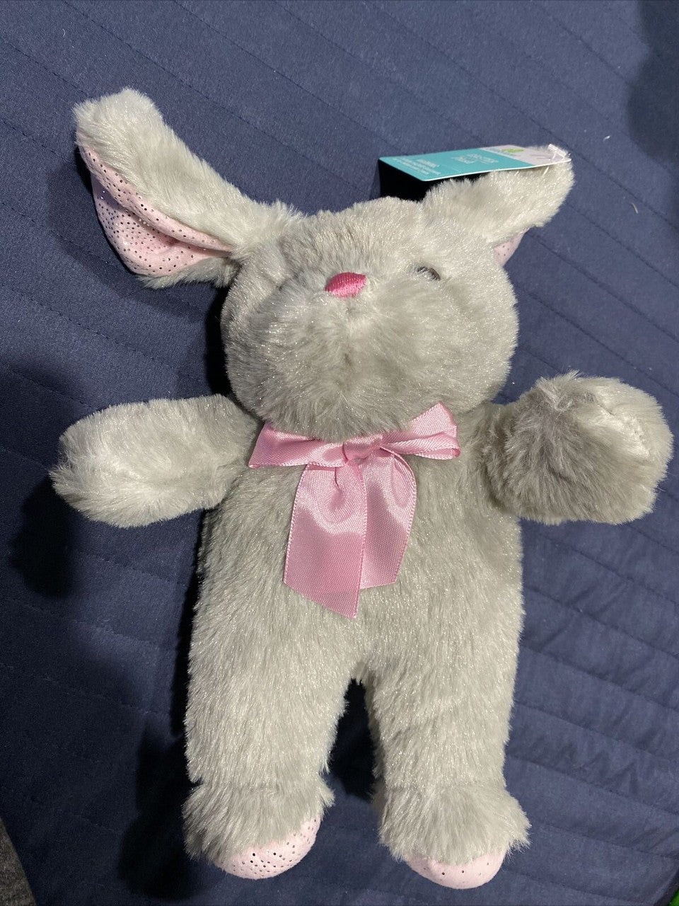 Grey  W Pink Glitter Plush Bunny Rabbit 10”