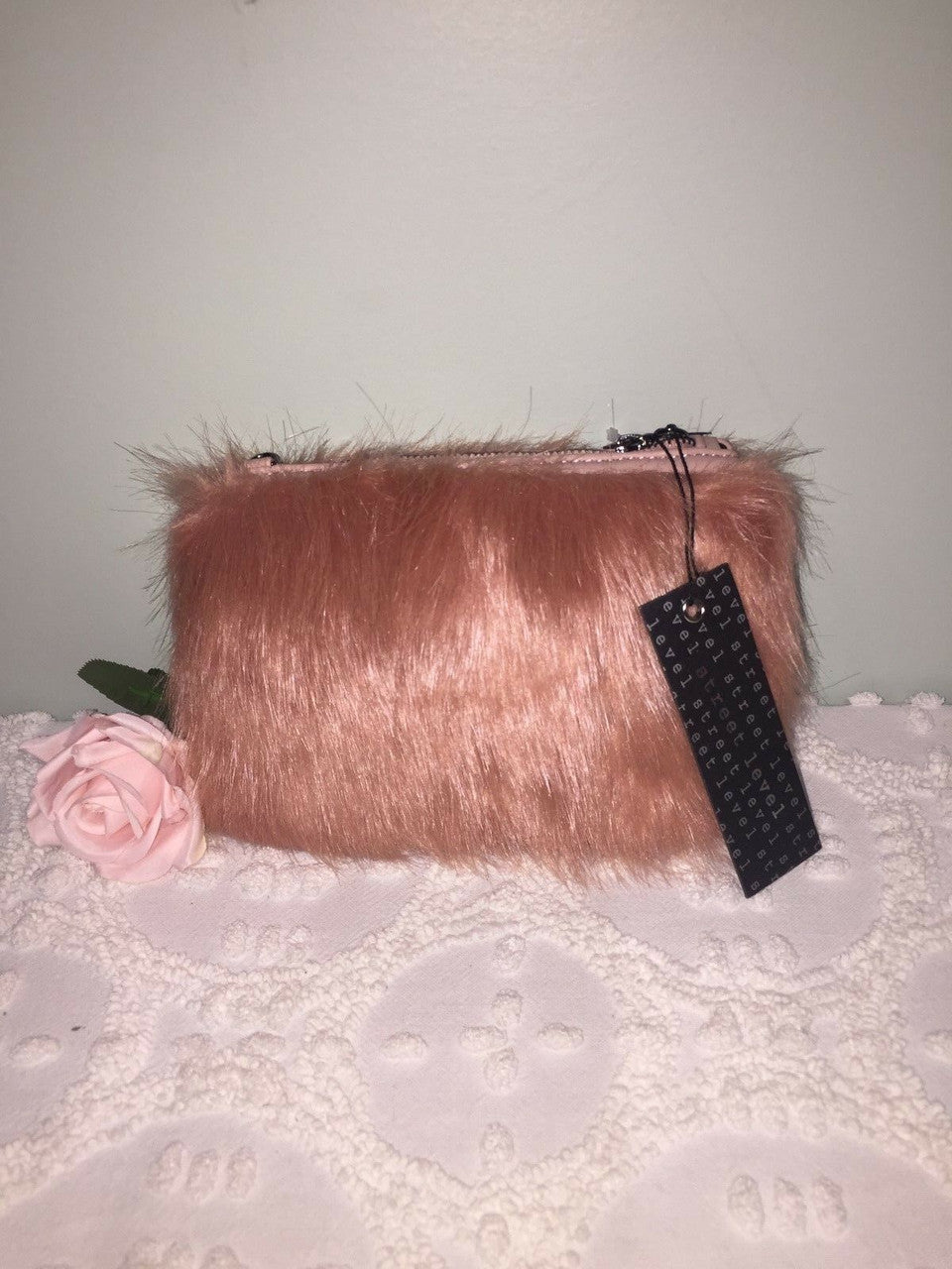 Street Level Faux Fur Handbag Makeup Dark-Rose-Rusty-Pink color 100% Acrylic