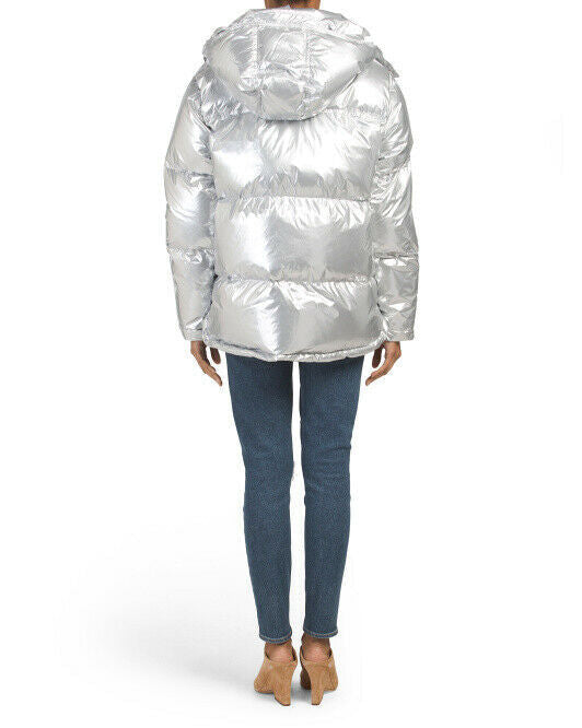 KENDALL + KYLIE Women Metallic Silver Hooded Puff Jacket N2011