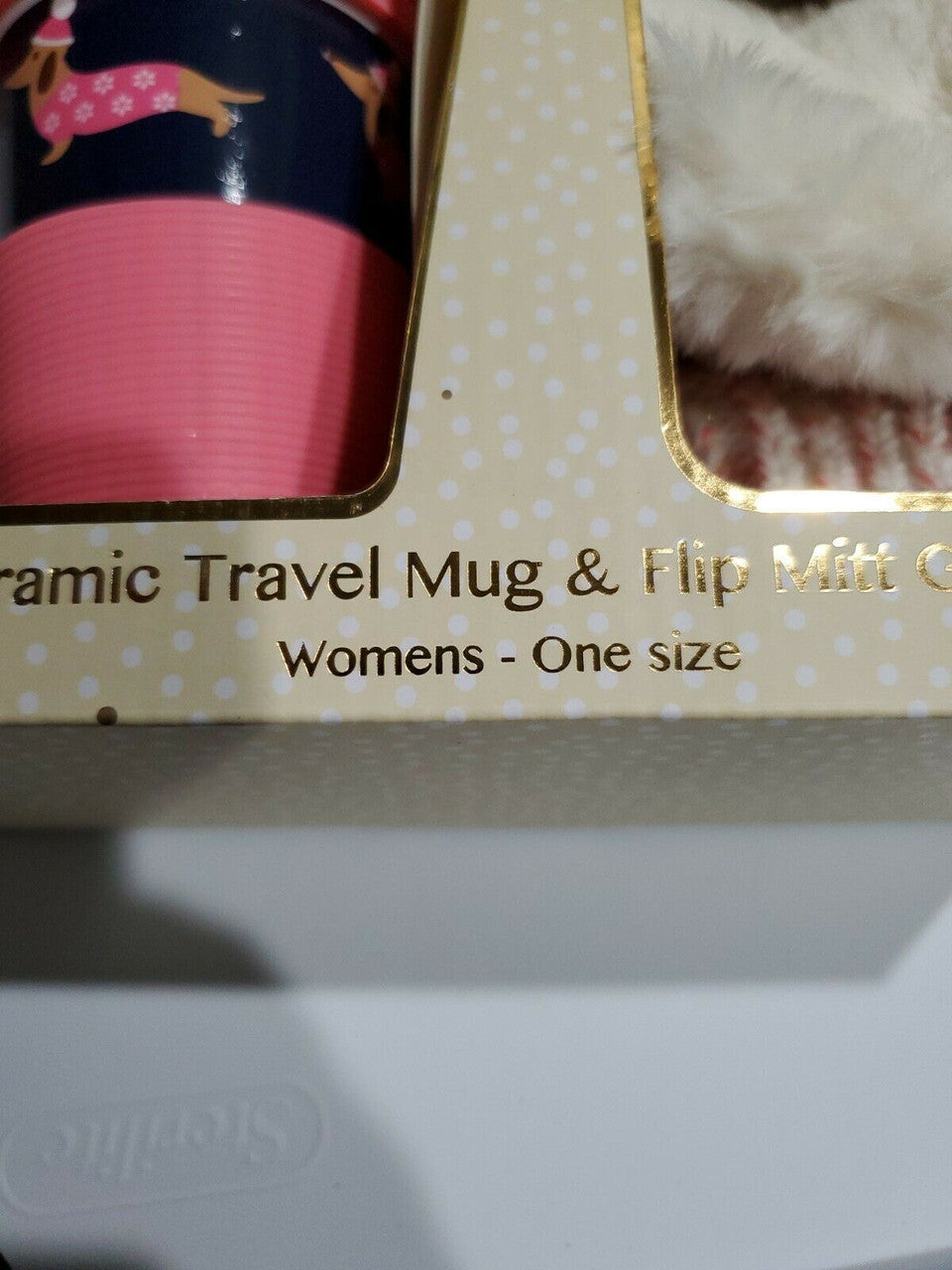 Totes Toasties Pink Dachshund Ceramic Travel Mug w/One-Size Flip Mitt Gloves