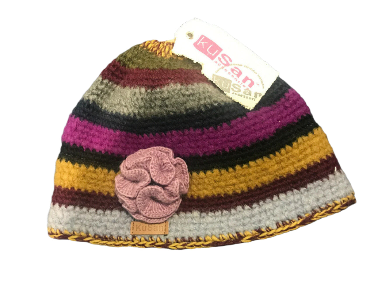 Handmade multicolor striped crochet wool beanie with flower applique, fleece-lined for winter warmth