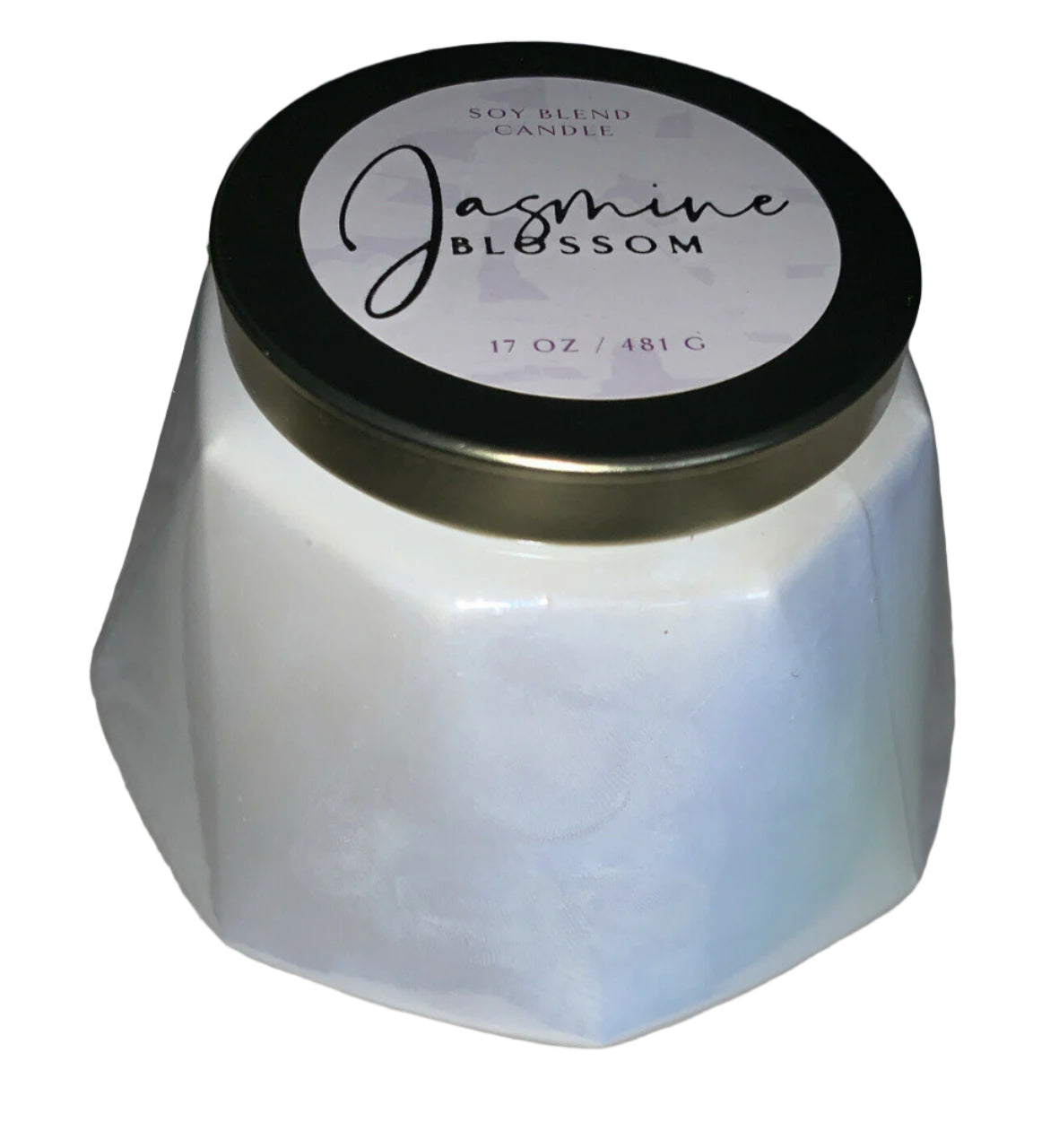 Jasmine Blossom 17 oz soy blend candle in a faceted pearl gem jar with black lid