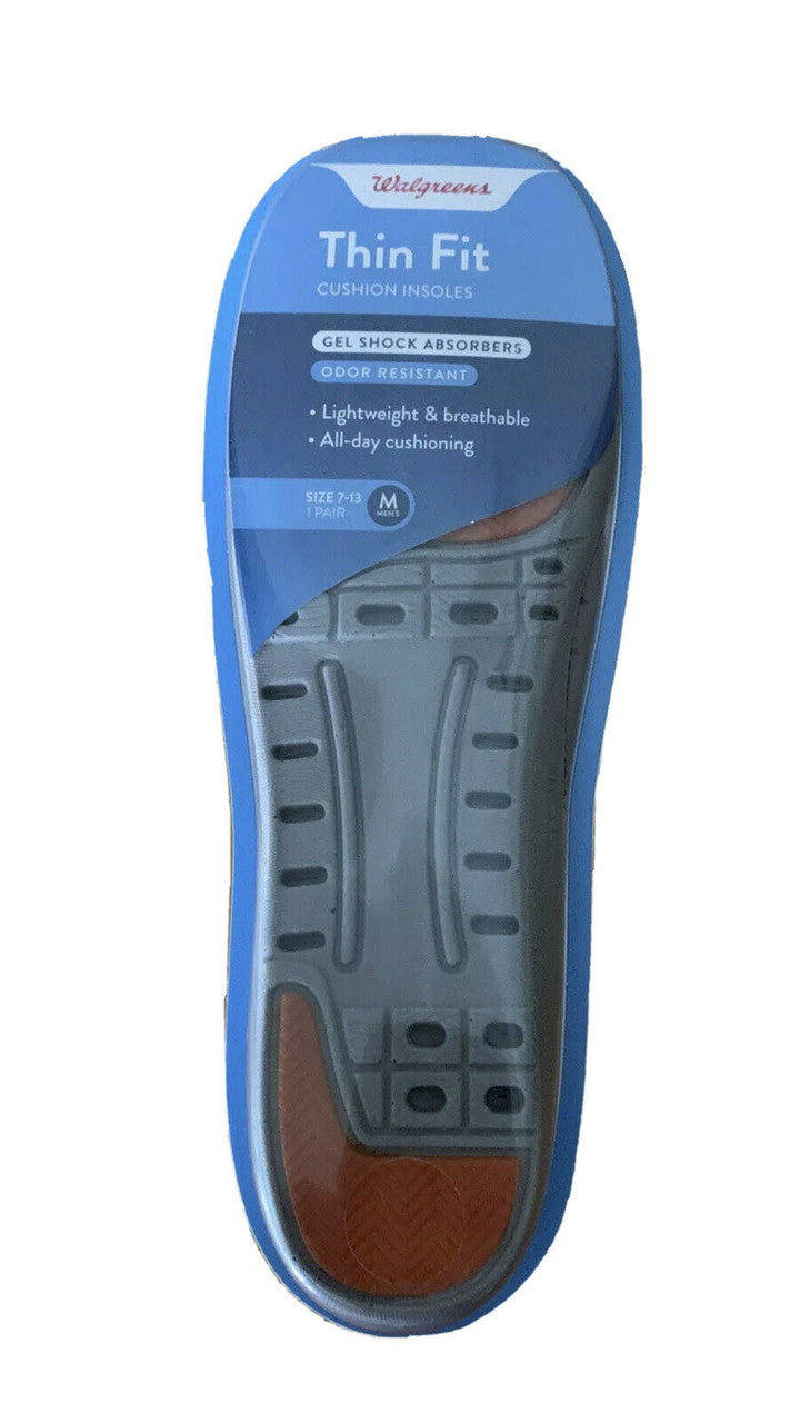 Men’s Thin Fit Cushion Insoles Gel Shock Absorbers  Size 7-13 1 Pair